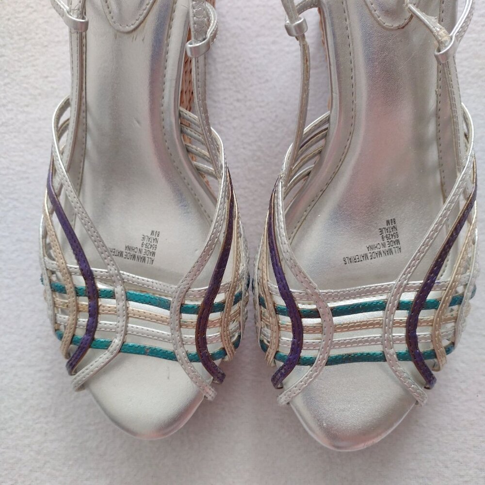 Connie Metallic Strappy Slingback Wedge 8.5 M Silver Straw Sandals - Picture 5 of 11
